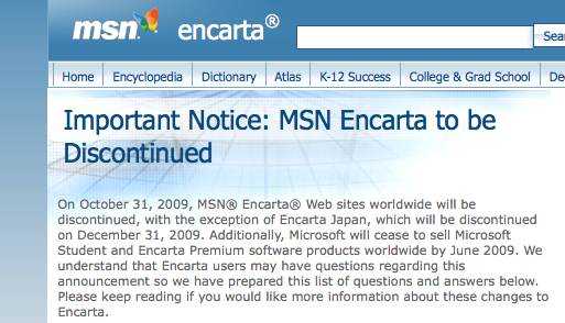 Press Release de Microsoft anunciando discontinuar Encarta